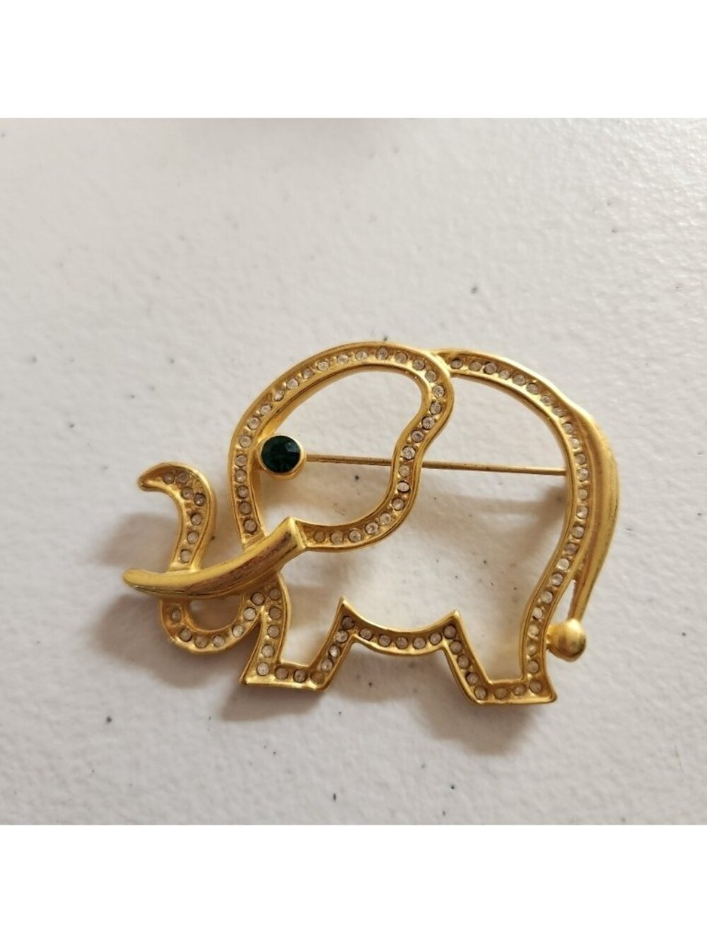 Vintage Outline Elephant Pin Brooch Large Gold Tone Rhinestones Costume 1970s
